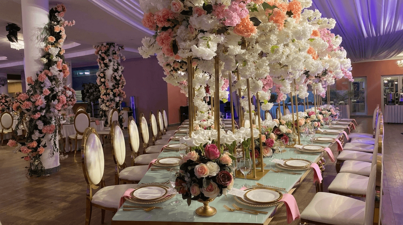 Decoração elegante de evento por CS Decor — mesa refinada com arranjos florais